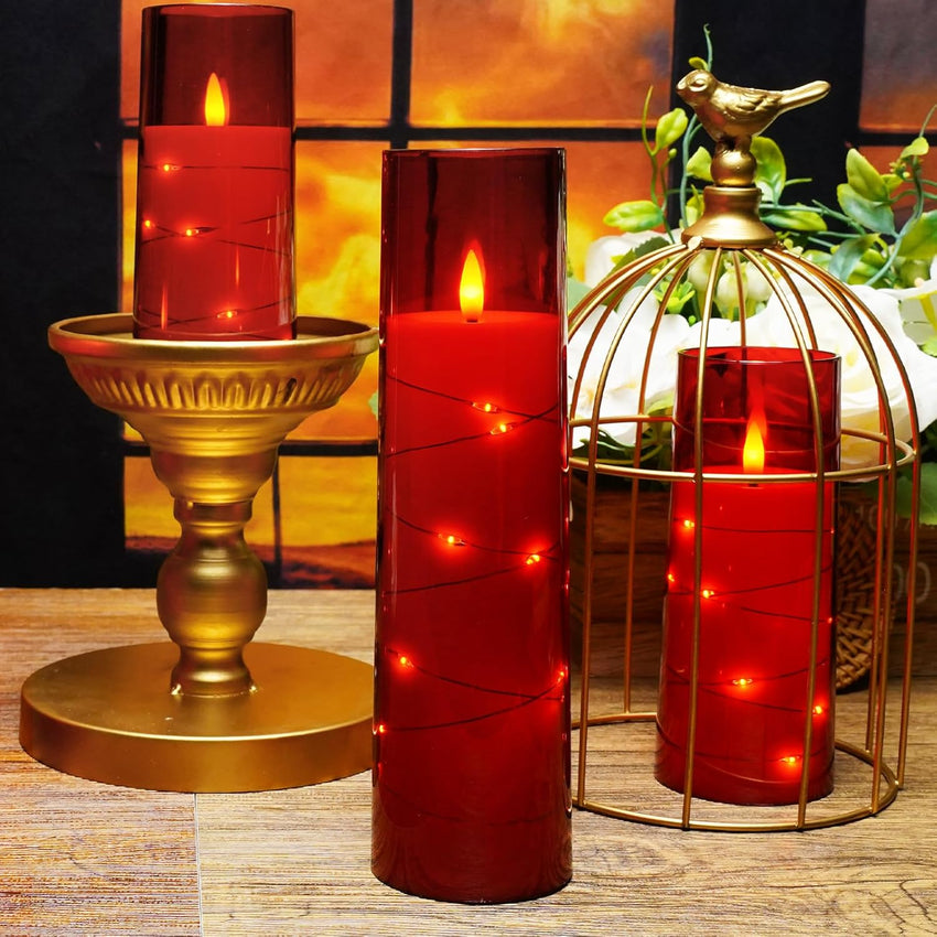 Flameless LED Candles with Timer 5 Pc Flickering Flameless Candles for Romantic Ambiance and Home Decoration Stable Acrylic Shell,with Embedded Star String，Battery Operated Candles（Red）