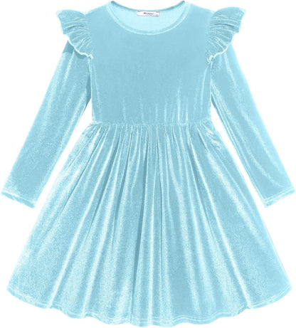 Arshiner Toddler Velvet Dress Little Girls Fall Winter Long Sleeve Ruffle Holiday Birthday Party Dresses with Pockets