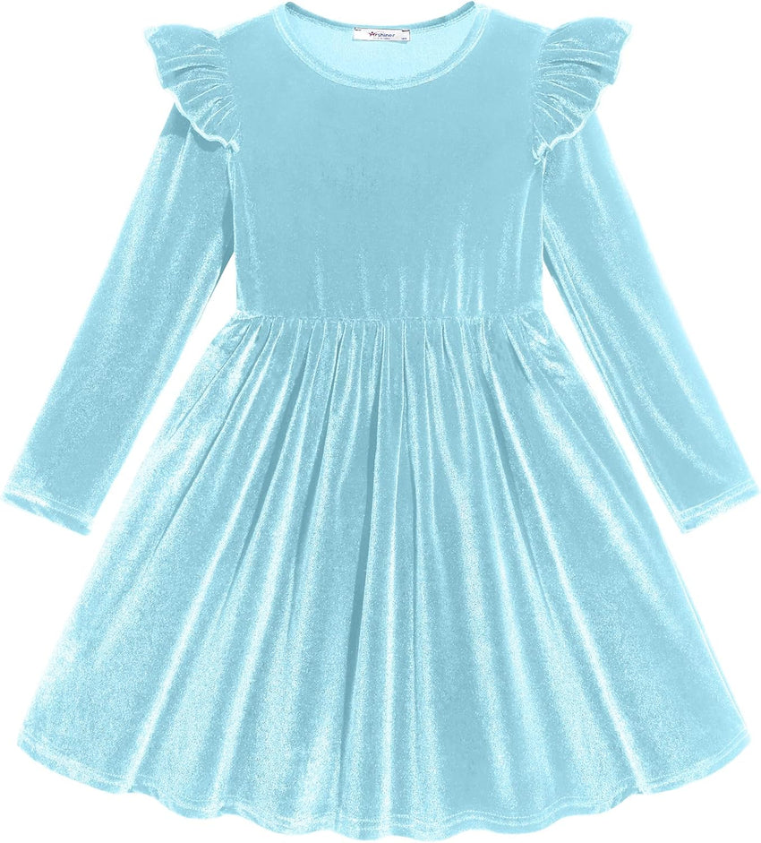 Arshiner Toddler Velvet Dress Little Girls Fall Winter Long Sleeve Ruffle Holiday Birthday Party Dresses with Pockets
