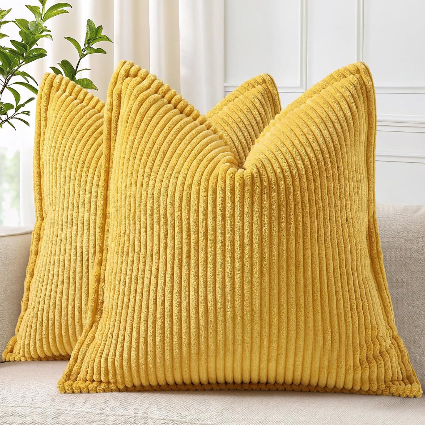 decorUhome Christmas Corduroy Cream White Throw Pillow Covers 18x18 Set of 2 Decorative Soft Boho Farmhouse Euro Couch Pillow Covers for Living Room Bed Sofa Broadside Striped Pillow Cases