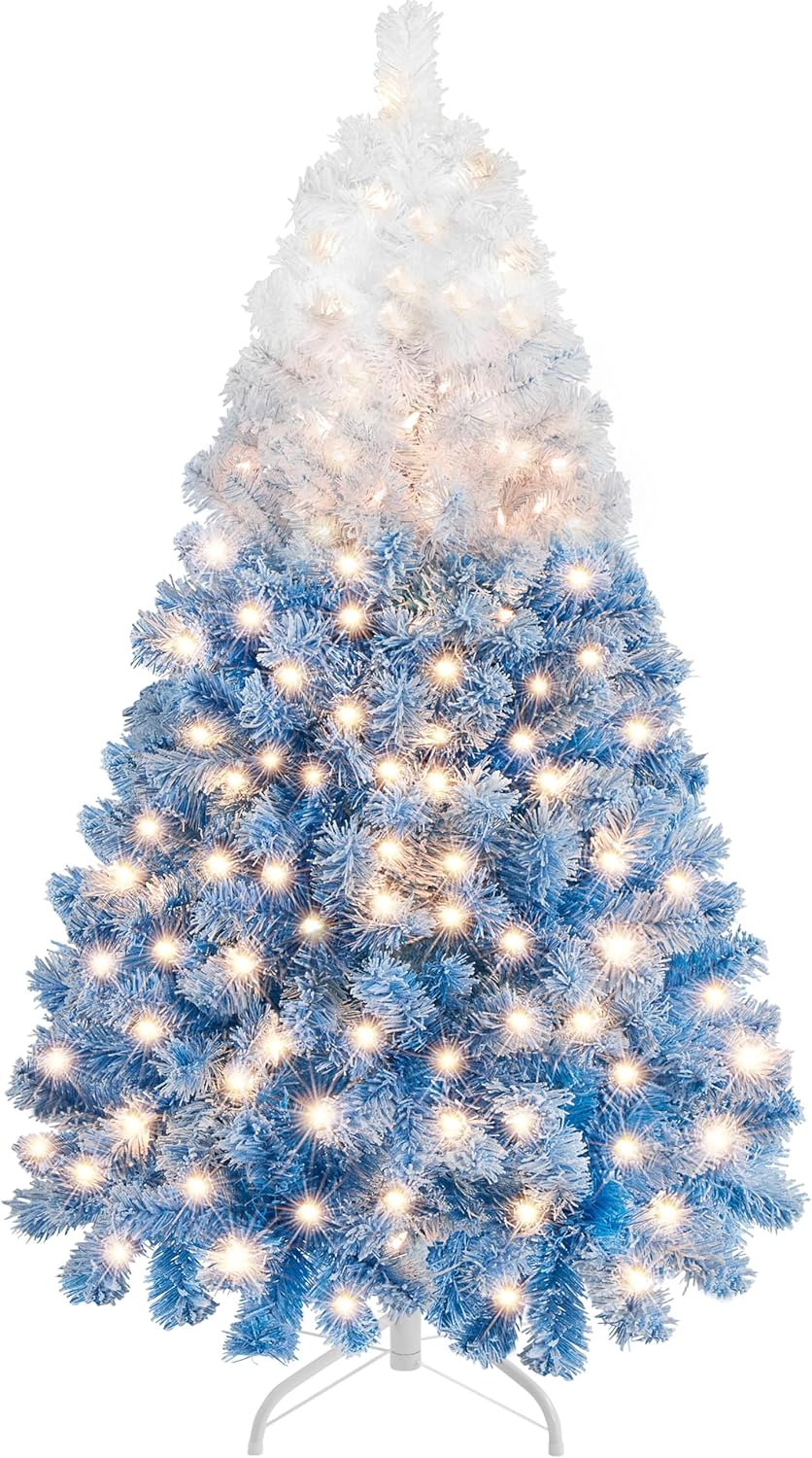 Yaheetech 6ft Snow Flocked Pre-lit Christmas Tree with 250 Warm White Lights, 820 Lush Branch Tips & Quick-Assembly Hinged Design, Full Artificial Xmas Tree for Winter Holiday Décor, Green & White