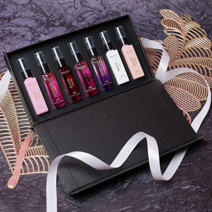 BellaVita Luxury Discovery Set Womens Perfumes (7x8ml) | Mini Perfume Gift Set for Women with Rose, OUD & Pepper Oriented | Compact Long-Lasting Floral Perfumes for Women | Cruelty Free Fragrance