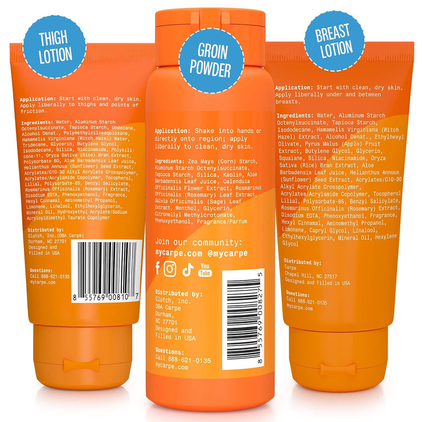 Carpe Women's Sweat Bundle Deal (1x Breast Sweat Absorbing Lotion, 1x Thigh Chafe Lotion, 1x Groin Powder) Women's Deodorant - Helps Absorb Excessive Sweat w/Odor Protection for Sensitive Lady Parts
