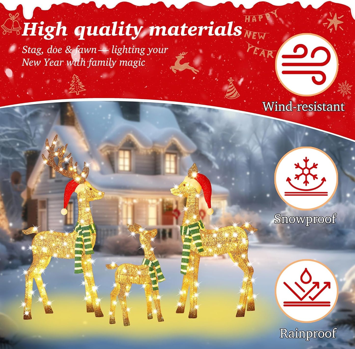 58 Inch 3D Gold Large Lighted Christmas Deer Decorations 3-Piece Outdoor Holiday Decorations Reindeer Set with 210 Warm White LEDs, Large Yard Display for Garden, Storefront