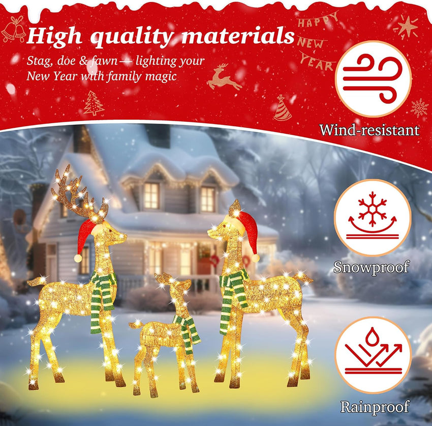 58 Inch 3D Gold Large Lighted Christmas Deer Decorations 3-Piece Outdoor Holiday Decorations Reindeer Set with 210 Warm White LEDs, Large Yard Display for Garden, Storefront