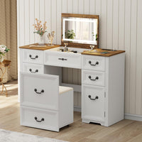 Makeup Vanity Desk with Mirror and Lights,Small Vanity Desk Set with Charging Station & Glass Top,Compact Dressing Table with Jewelry Cabinet & Storage Wheel Stool for Bedroom, Rustic Brown