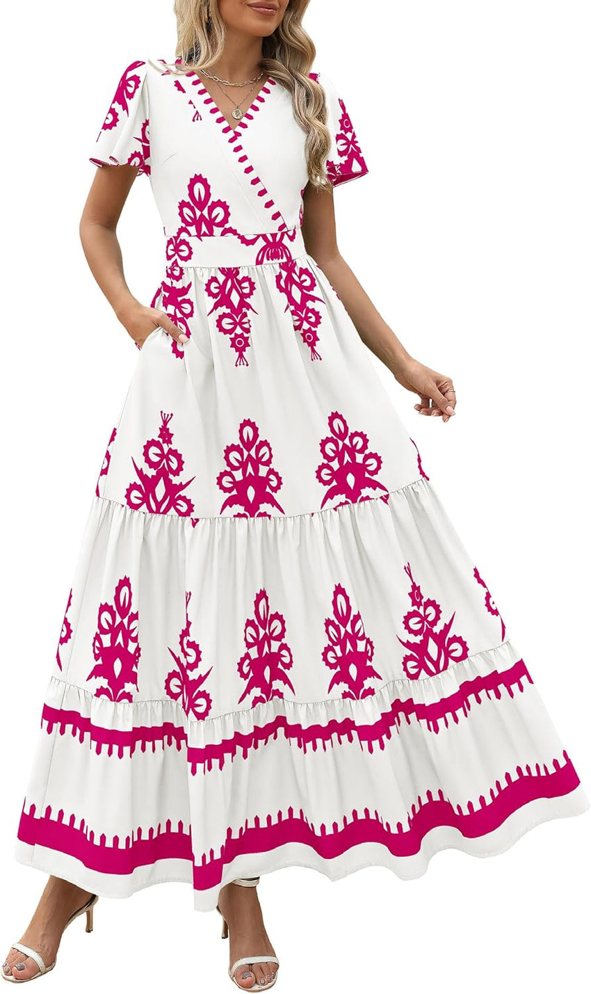 PRETTYGARDEN Womens 2025 Summer Casual V Neck Boho Maxi Dress Flowy Aline Bell Sleeve Tiered Floral Dresses with Pocket