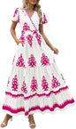 PRETTYGARDEN Womens 2025 Summer Casual V Neck Boho Maxi Dress Flowy Aline Bell Sleeve Tiered Floral Dresses with Pocket