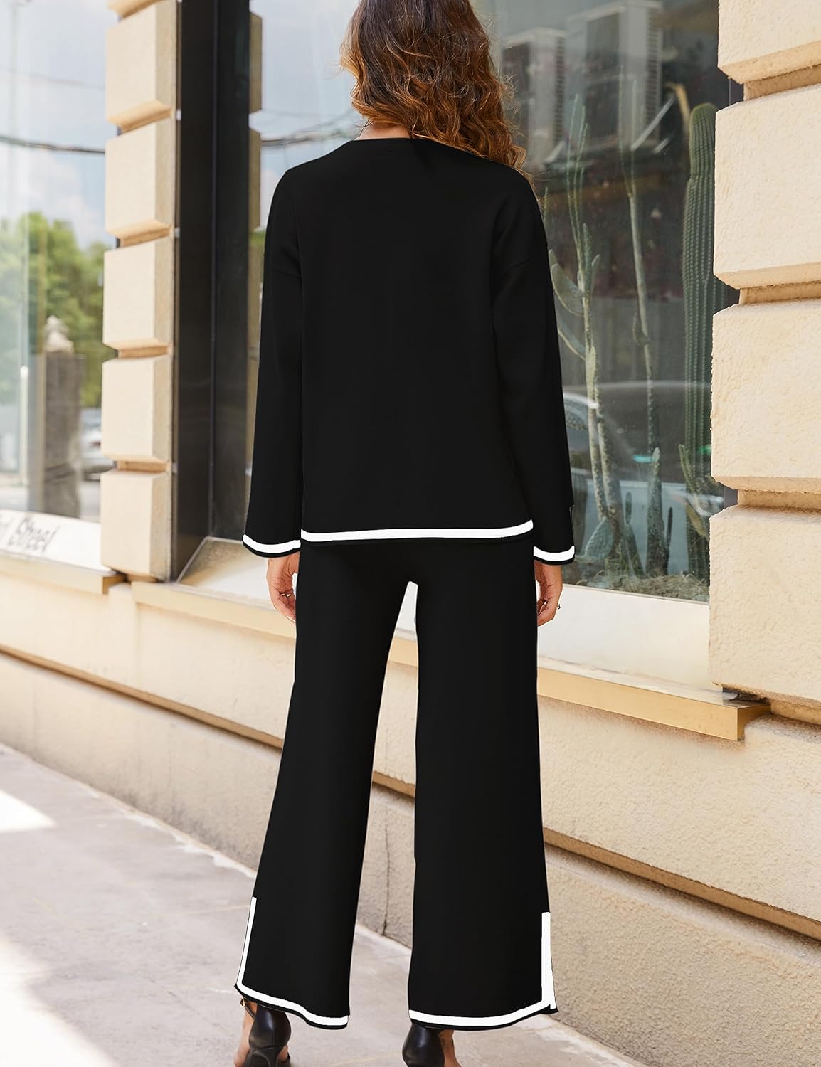 Tanming Women's 2 Piece Outfits Long Sleeve Knit Sweater Top Wide Leg Pants Lounge Sets Tracksuits