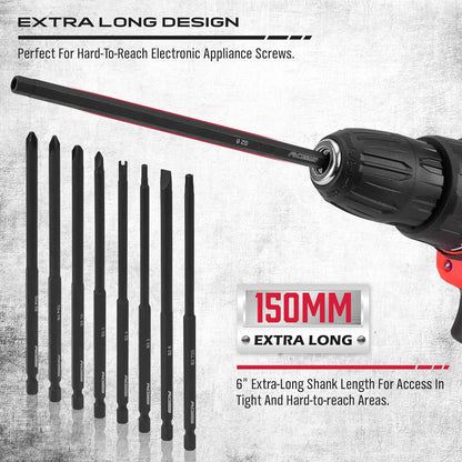 Extra Long Security Bit Set: 32-Piece S2 Steel Screwdriver Drill Bits for Tamper-Proof Screws, 6" Torx, PoziDriv, Spanner, Tri-Wing - Universal 1/4" Hex Shank for Electric, Impact Drills
