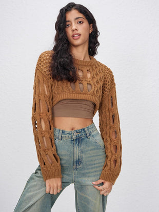 CIDER Cropped Sweaters for Women Knit Round Neckline Hollow Out Long Sleeve Crop Top Sweaters