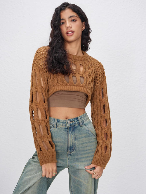 CIDER Cropped Sweaters for Women Knit Round Neckline Hollow Out Long Sleeve Crop Top Sweaters