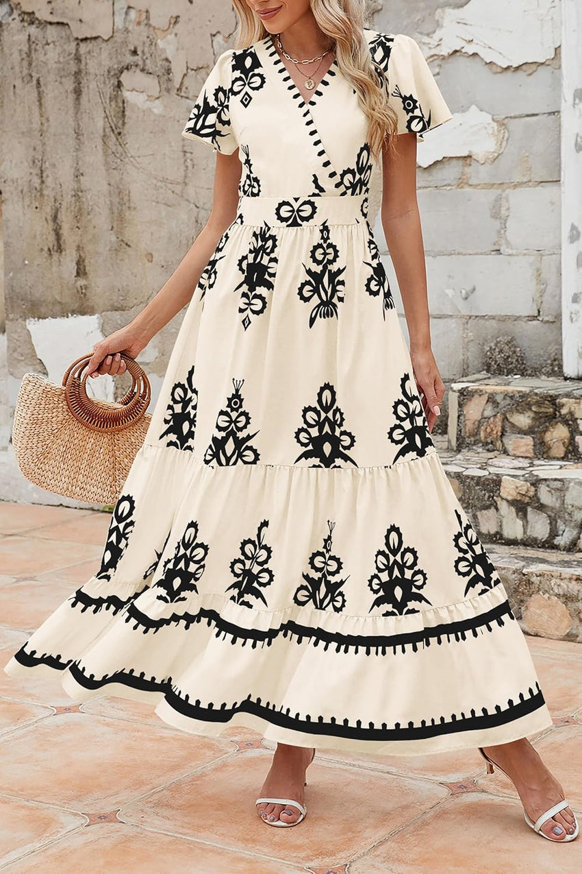 PRETTYGARDEN Womens 2025 Summer Casual V Neck Boho Maxi Dress Flowy Aline Bell Sleeve Tiered Floral Dresses with Pocket