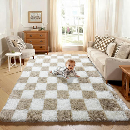 KICMOR Navy Blue and Cream White Rugs for Living Room, 4x6 Fluffy Fuzzy Shag Checkered Rug Shaggy Carpet for Bedroom, Soft Plush Area Rug for Nursery Toddler Room Classroom Study Room Kids Room