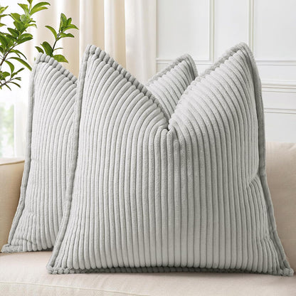 decorUhome Christmas Corduroy Cream White Throw Pillow Covers 18x18 Set of 2 Decorative Soft Boho Farmhouse Euro Couch Pillow Covers for Living Room Bed Sofa Broadside Striped Pillow Cases