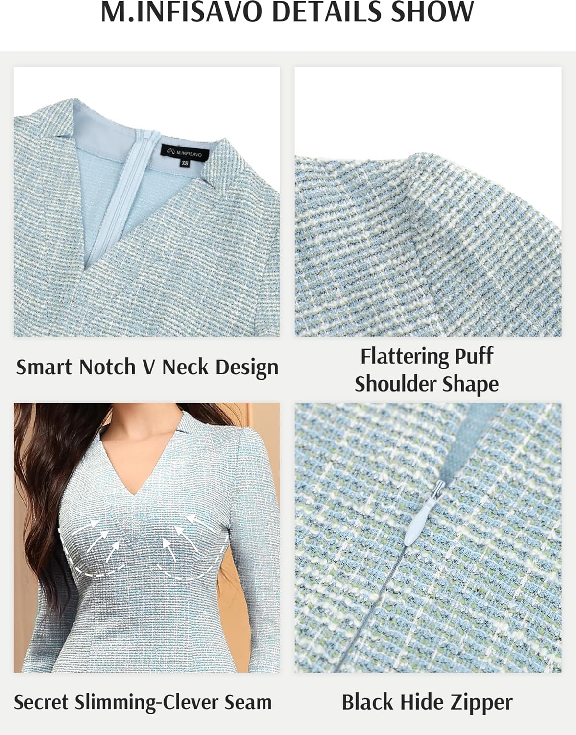 M.Infisavo Sheath Dresses for Women 2025 Notch V Neck 3/4 Sleeves Slim Fit Office Pencil Dress