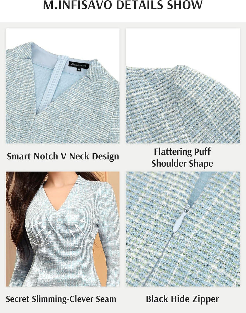 M.Infisavo Sheath Dresses for Women 2025 Notch V Neck 3/4 Sleeves Slim Fit Office Pencil Dress