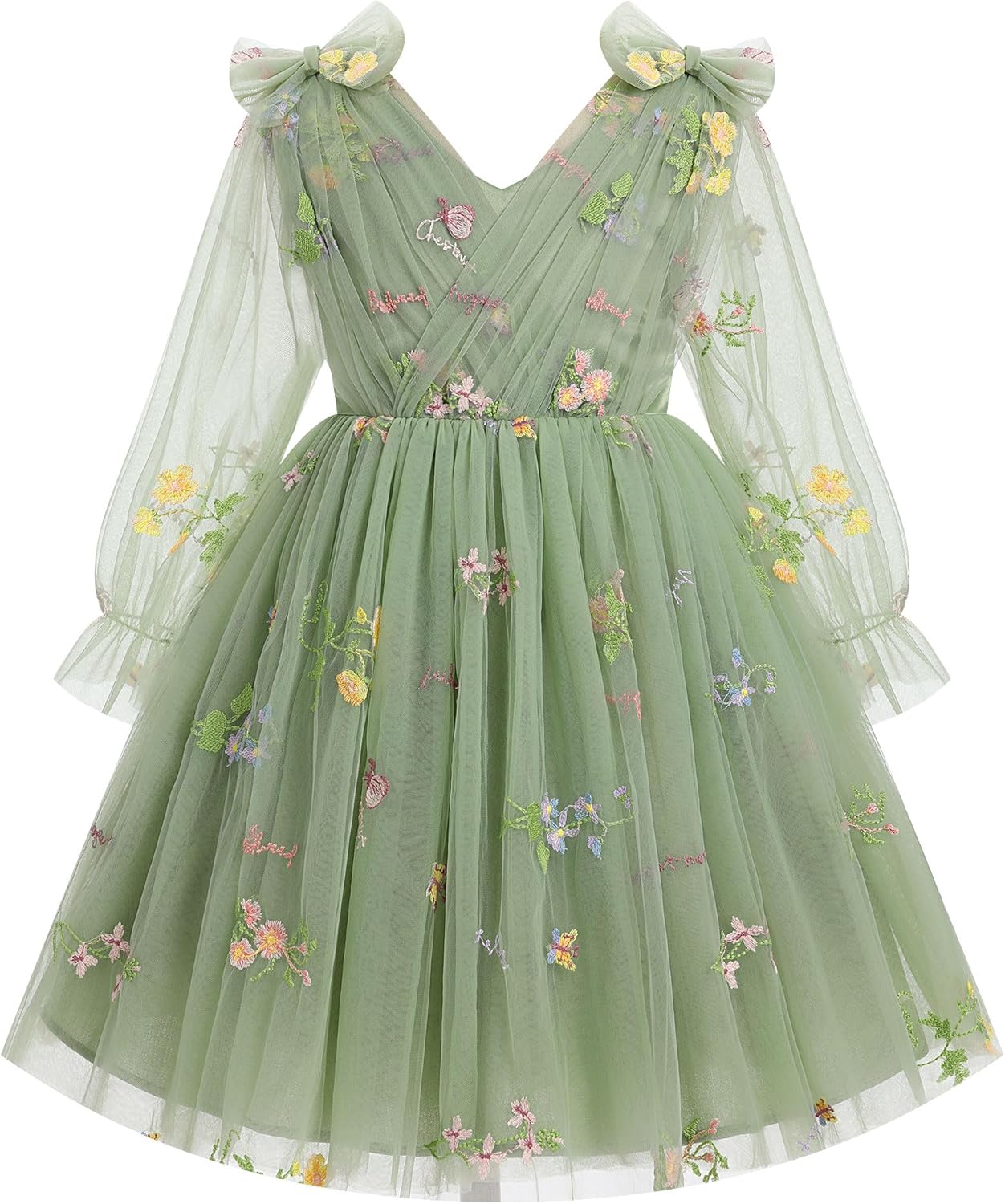 IMEKIS Toddler Kids Girls Tulle Dress Floral Embroidery Sparkly Wedding Party Long Sleeve Fall Photo Shoot Outfit 2-8T