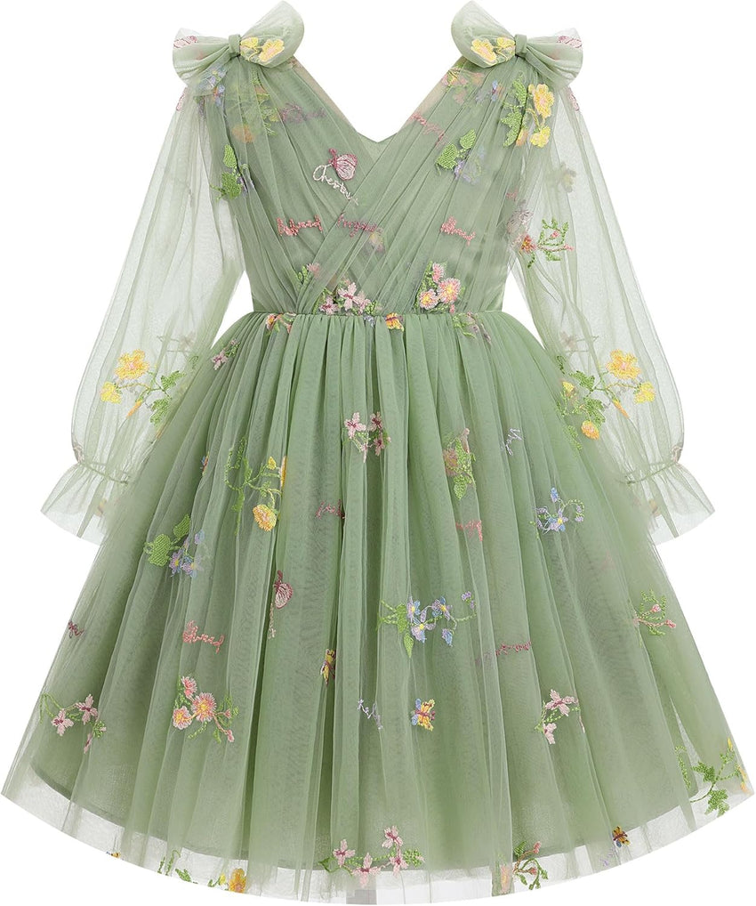 IMEKIS Toddler Kids Girls Tulle Dress Floral Embroidery Sparkly Wedding Party Long Sleeve Fall Photo Shoot Outfit 2-8T