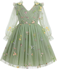 IMEKIS Toddler Kids Girls Tulle Dress Floral Embroidery Sparkly Wedding Party Long Sleeve Fall Photo Shoot Outfit 2-8T
