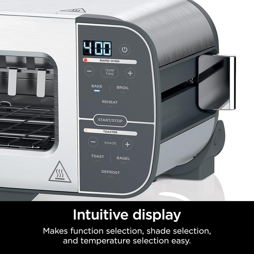 Ninja ST101 Foodi 2-in-1 Flip Toaster, 2-Slice Capacity, Compact Toaster Oven, Snack Maker, Reheat, Defrost, 1500 Watts, Stainless Steel, 6 Functions