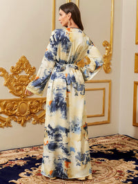 Abaya for Women Floral Embroidered Muslim Dress V-Neck Arabian Maxi Robe