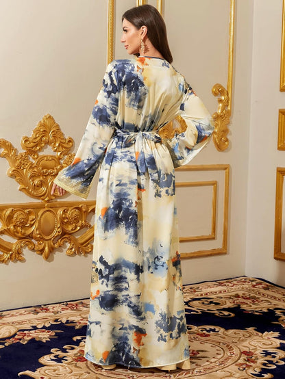 Abaya for Women Floral Embroidered Muslim Dress V-Neck Arabian Maxi Robe