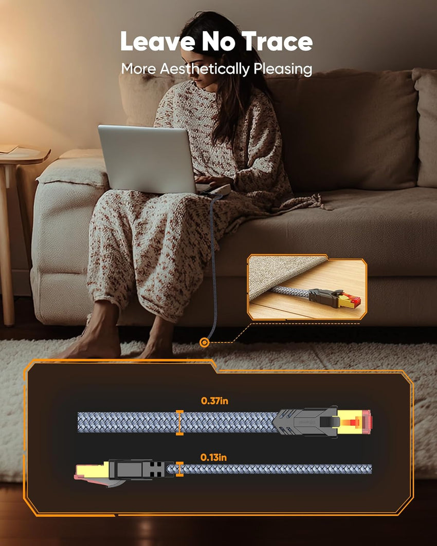 Snowkids Cat 8 Ethernet Cable 10 ft, High Speed Flat Ethernet Cable 10+ ft, 40Gbps, 2000Mhz Braided High Duty Long Ethernet Cable, Gold Plated RJ45 Connector for Modem/Router/ps-3/4/5/Gaming/PC