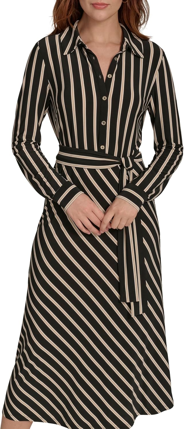 Tommy Hilfiger Women's Long Sleeve Collared Self Tie Midi Shirtdress