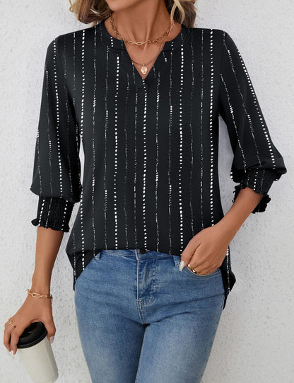 LOMON Blouses for Women Dressy Casual 3/4 Sleeve Tops for Women V Neck T Shirt Ladies Tops and Blouses Orange Blue Print L