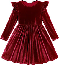 Arshiner Toddler Velvet Dress Little Girls Fall Winter Long Sleeve Ruffle Holiday Birthday Party Dresses with Pockets