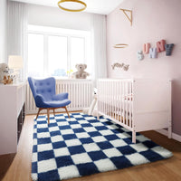 KICMOR Navy Blue and Cream White Rugs for Living Room, 4x6 Fluffy Fuzzy Shag Checkered Rug Shaggy Carpet for Bedroom, Soft Plush Area Rug for Nursery Toddler Room Classroom Study Room Kids Room
