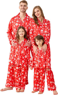 Satin Family Christmas Pajamas Set Soft Button Down Holiday Sleepwear Matching PJs for Couple Men Women Jammies Party