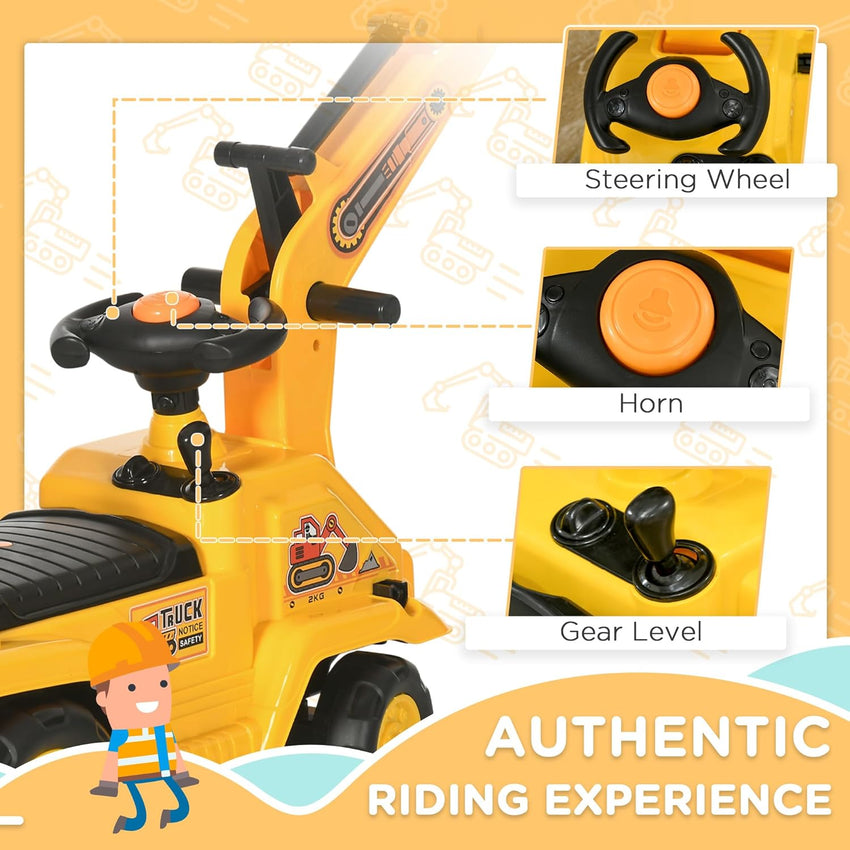 HOMCOM Ride On Excavator Pull Cart, Kids Digger Ride on Truck with Horn, Under Seat Storage, Sit and Scoot Pretend Play Toy Construction Car for Ages 18-48 Months