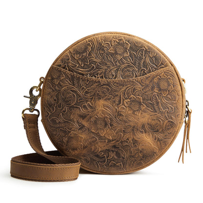 S-ZONE Leather Crossbody Bags for Women Circle Shoulder Round Purse Travel | Top Grain Leather, Keychain, Designer Handbag, Vintage, Multi Pockets, Detachable Strap, Eveyday Outing