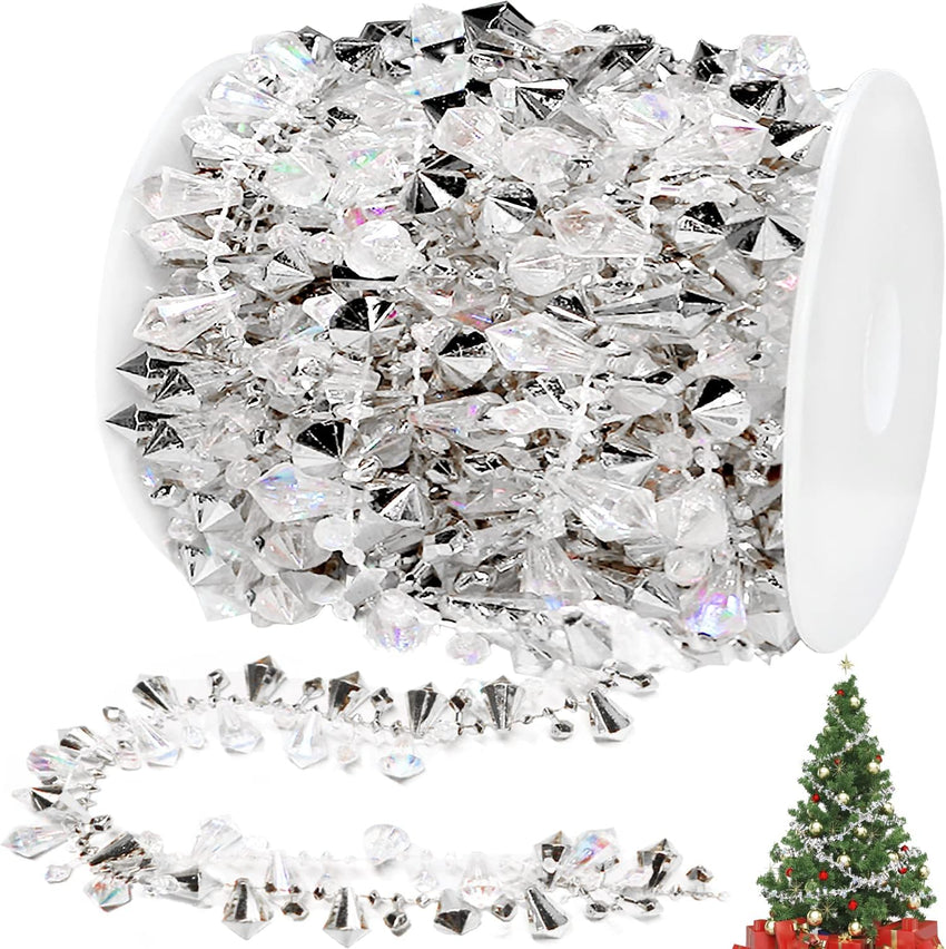 Jishi 99ft Crystal Bead Garland for Christmas Tree Decorations, Iridescent Acrylic Beaded Garland Strand Roll, Hanging Christmas Decorations Indoor Home Decor, String Diamond Beads for Crafts Curtains