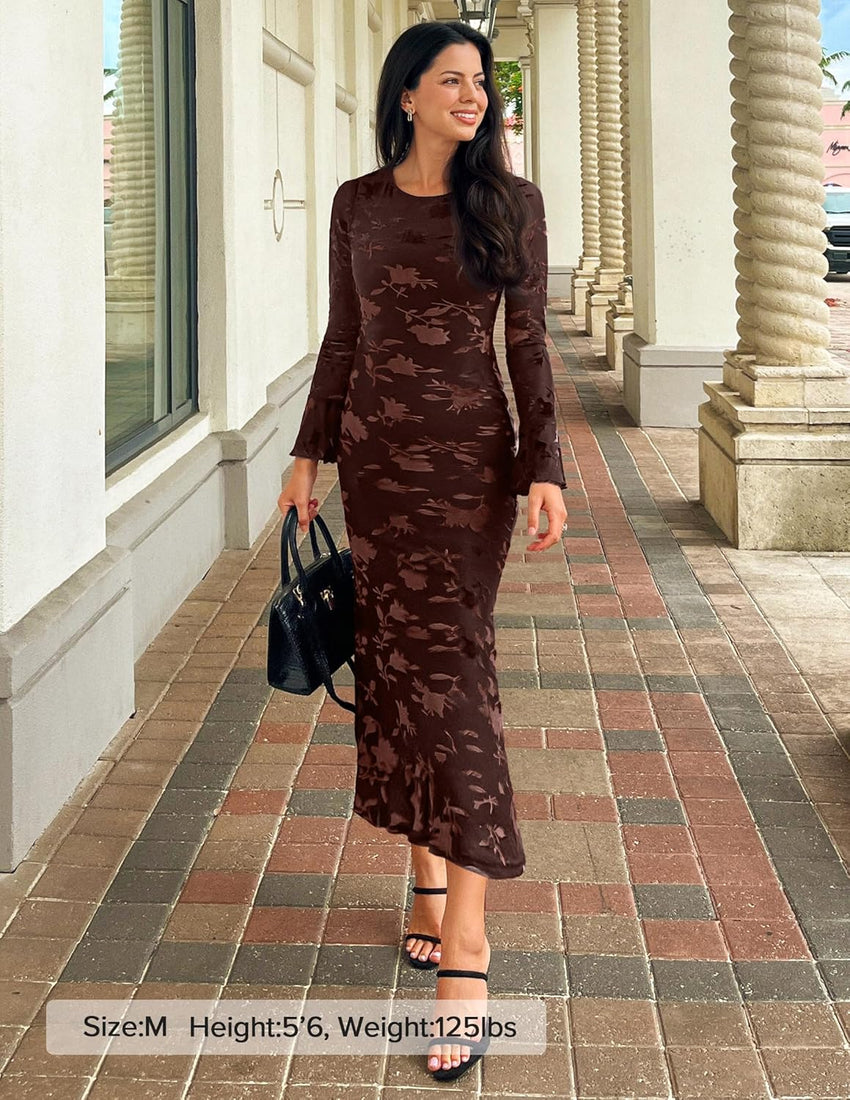 ZESICA Women's 2025 Bell Long Sleeve Floral Maxi Dress Fall Fashion Bodycon Mesh Wedding Guest Cocktail Party Dresses