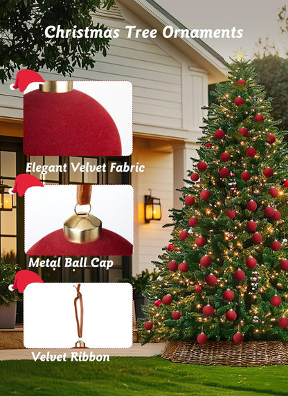 Brightown 15 Pcs Red Velvet Christmas Balls, 3.15 Inch Velvet Ornaments for Christmas Tree, Christma Tree Flocked Ornaments Balls for Family Holiday Wedding Party Xmas Hanging Decoration