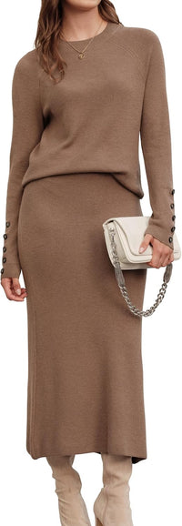 Arach&Cloz Women's Wool Blend Sweater 2 Piece Sets Winter Business Long Sleeve Top Midi Skirts Outfits 2025