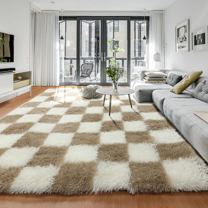KICMOR Navy Blue and Cream White Rugs for Living Room, 4x6 Fluffy Fuzzy Shag Checkered Rug Shaggy Carpet for Bedroom, Soft Plush Area Rug for Nursery Toddler Room Classroom Study Room Kids Room