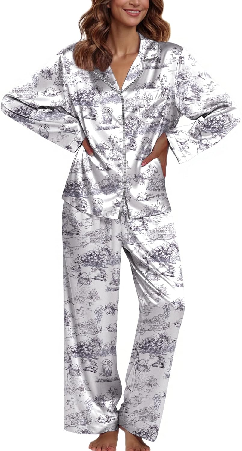 Ekouaer Pajamas For Women Set Silk Pjs 2 Piece Satin Sleepwear Long Sleeve Button Down Lounge Sets With Pant