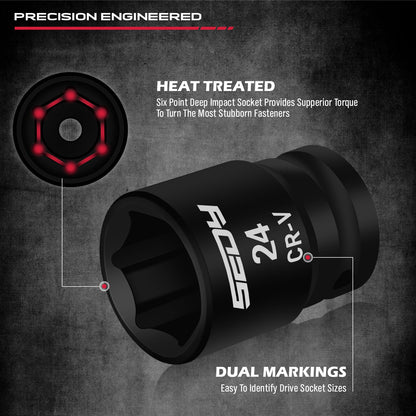 29-Piece 1/2" Drive Impact Socket Set, SAE (3/8 to 1 inch) and Metric (10-24mm) Sizes with Extension Bars Standard Deep Socket Set CR-V Material High Durability Impact Wrench