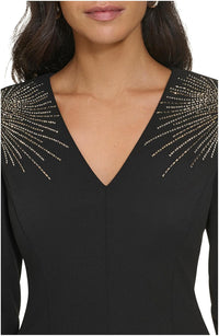 Calvin Klein Womens Long Sleeve V-Neck Embellished Shoulder Scuba Sheath Dress
