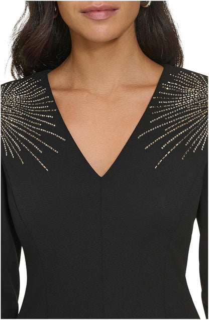 Calvin Klein Womens Long Sleeve V-Neck Embellished Shoulder Scuba Sheath Dress