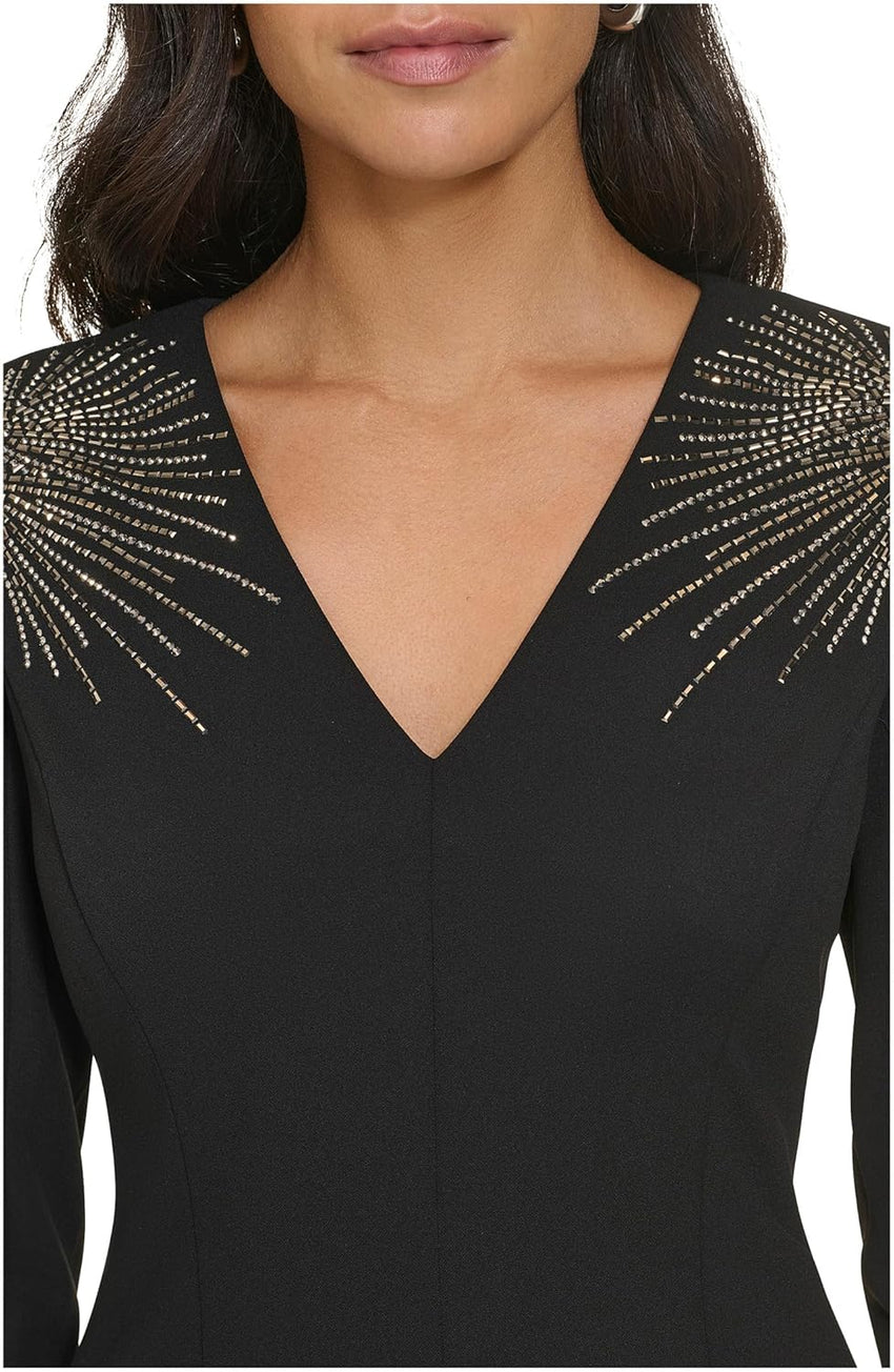 Calvin Klein Womens Long Sleeve V-Neck Embellished Shoulder Scuba Sheath Dress