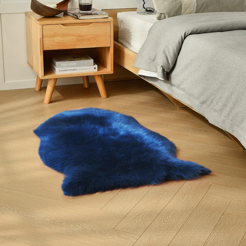 duduta Navy Blue Faux Sheepskin Throw Rug 2x3 ft, Fluffy Shag Fur Chair Cover Small Bedside Dorm Rug Non Slip Machine Washable