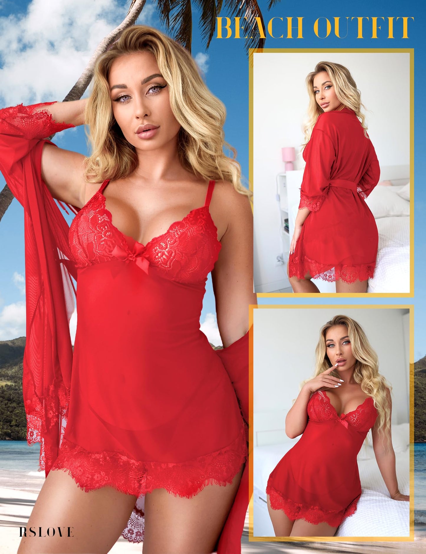 RSLOVE Women Sexy Lingerie Set 3 Piece Babydoll & Lace Kimono Robe Strap Chemise Mesh Nightgown Wine Red M
