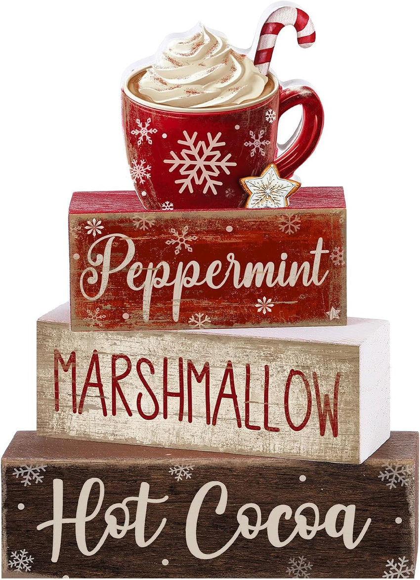 4 Pcs Christmas Table Decor Wooden Hot Cocoa Decoration Christmas Centerpiece Winter Tiered Tray Decor Decorative Red Hot Cocoa Block Signs Gift Farmhouse Xmas Decoration for Home Kitchen