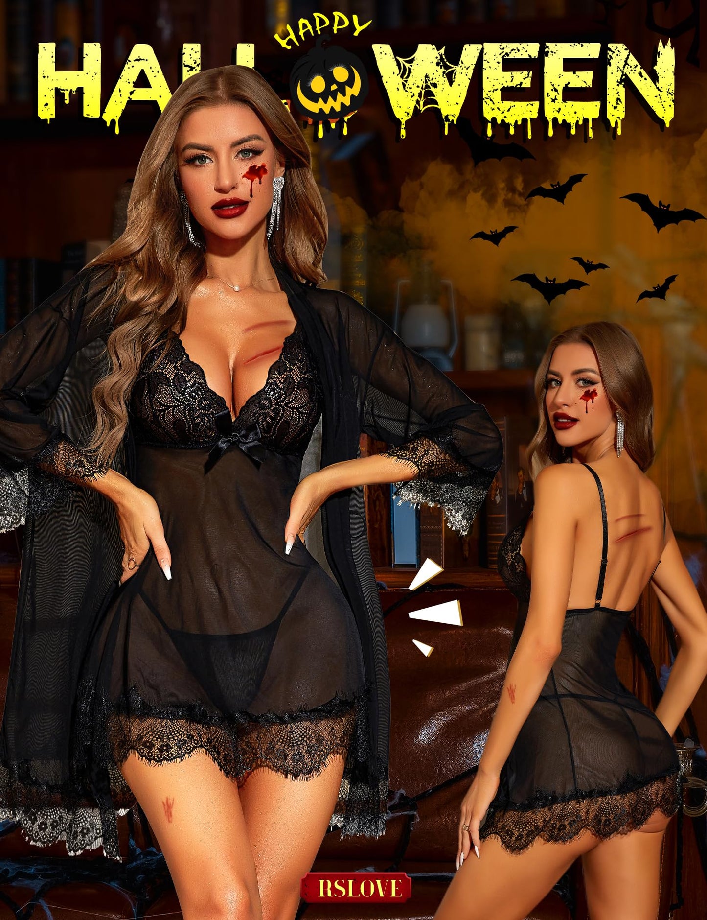 RSLOVE Women Sexy Lingerie Set 3 Piece Babydoll & Lace Kimono Robe Strap Chemise Mesh Nightgown Wine Red M