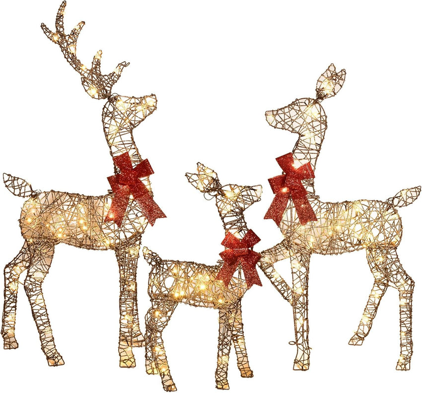 3-Piece 2D Lighted Christmas Deer Family Set - HOYECHI Large Outdoor Yard Reindeer Holiday Decoration with 145 LED Lights, Stakes, Zip Ties - Gold